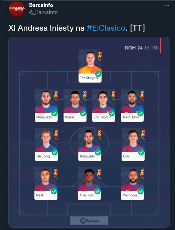 TAKĄ XI Barcy na El Clasico wystawiłby Andres Iniesta!